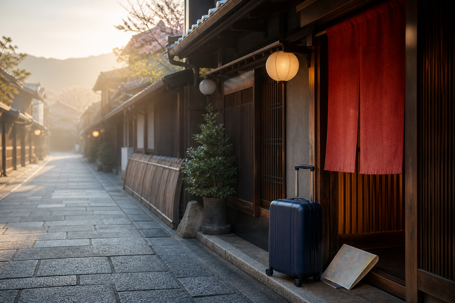 Calle tradicional de Kioto al amanecer
